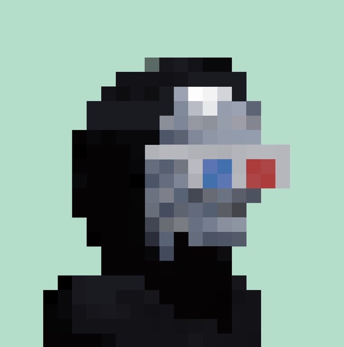 Pixel art illustration of a hooded figure with a dark faceplate featuring a blue lens and a red light, set against a mint green background.