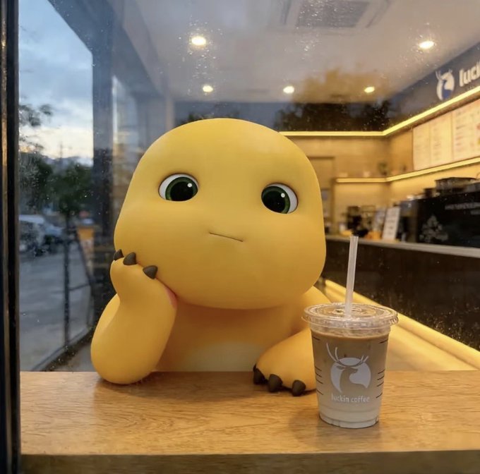 A chubby yellow dinosaur character called Nailoong poses thoughtfully next to a "luckin coffee" iced drink, displayed in what appears to be a Luckin Coffee shop. The mascot's cheerful expression and yellow coloring tie into the post's theme about "yellow skin" ushering in a new era for the $Nailoong token.