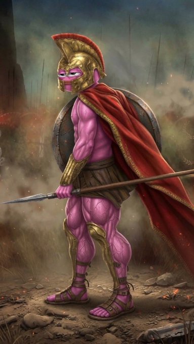 An illustration of a muscular pink Pepe the Frog depicted as a Spartan warrior, wearing a golden helmet and red cape, holding a spear and shield in a dusty battlefield setting.