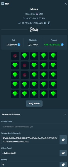 A Stake.com Mines game screenshot showing a CA$50 bet that resulted in a 2,277x multiplier and a CA$113,850 payout on nonce 9, with the 5x5 grid revealing three bomb tiles amid the green gems—visually confirming the winning outcome celebrated in the post "THE HEATER CONTINUES 2277x MINES NONCE 9 @Stake."