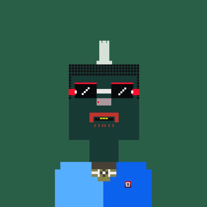 A pixel art character portrait of a dark-skinned figure with red and black sunglasses, a mohawk, and a blue shirt with a red logo, set against a dark green background.