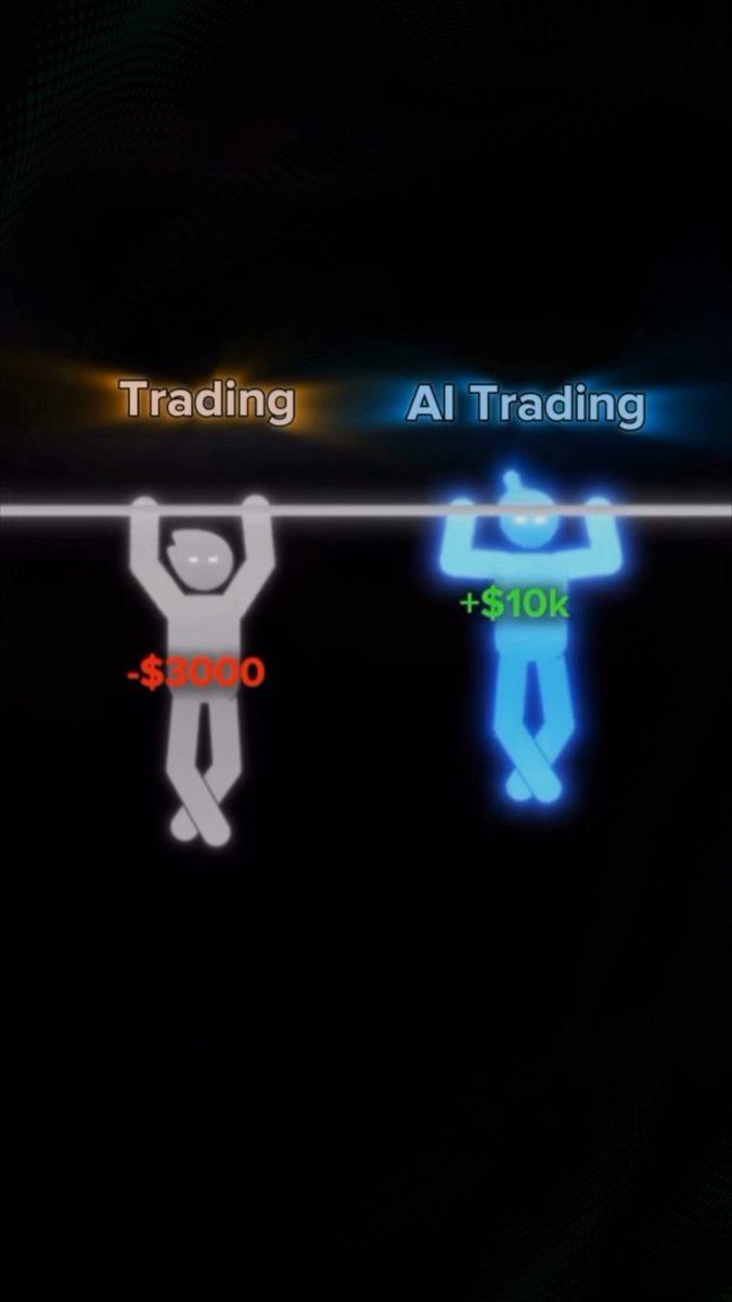 Meme-style illustration comparing "Trading" (gray figure down -$3000) versus "AI Trading" (glowing blue figure up +$10k), both hanging from a bar.