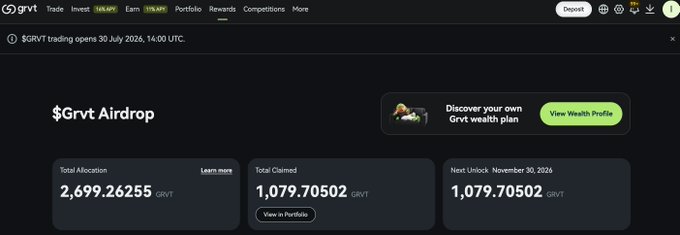 Screenshot of the Grvt exchange website displaying a '$Grvt Airdrop' page with Total Allocation of 2,699.26255 GRVT, Total Claimed of 1,079.70502 GRVT, and Next Unlock on November 30, 2026. Text indicates '$GRVT trading opens 30 July 2026, 14:00 UTC.'