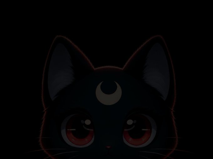 Dark illustration of a black cat with large red eyes and a crescent moon symbol on its forehead, faintly illuminated.