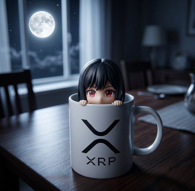 An anime-style character peeking out of a white mug displaying the black XRP (Ripple) logo, set on a wooden table with a full moon visible through a window.
