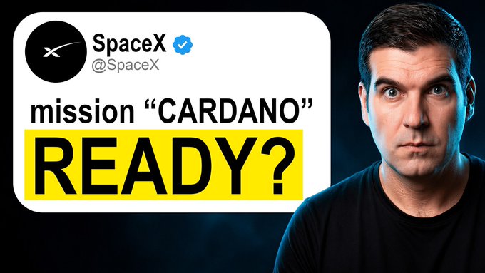 A man with a surprised expression appears next to a mock SpaceX tweet announcing "mission 'CARDANO' READY?" in bold yellow and black text, suggesting a video exploring a connection between the Cardano cryptocurrency and SpaceX.