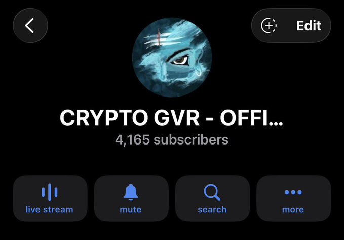 The image shows a Telegram channel profile for "CRYPTO GVR - OFFI..." with 4,165 subscribers, featuring a stylized blue eye logo and options for live stream, mute, search, and more. This serves as a visual preview of the public Telegram channel linked in the post at t.me/CRYPTO_GVRCALLS.