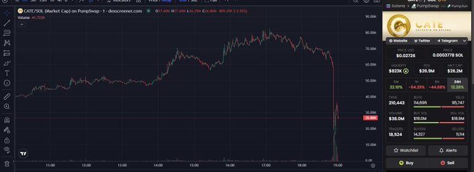 The image shows a candlestick chart for $CATE/SOL (CateCoin) on the BNB Smart Chain via PumpSwap, where the price dramatically crashed from around $80M market cap to $29.1M — a -64.29% drop — explaining the post's shock about what happened to $CATE.