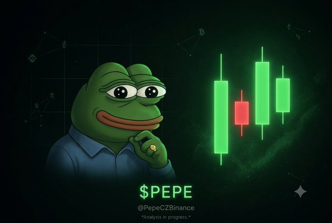 A graphic featuring the Pepe the Frog meme character in a thinking pose next to green and red candlestick charts, labeled '$PEPE' and '@PepeCZBinance' with '*Analysis in progress.*' text.