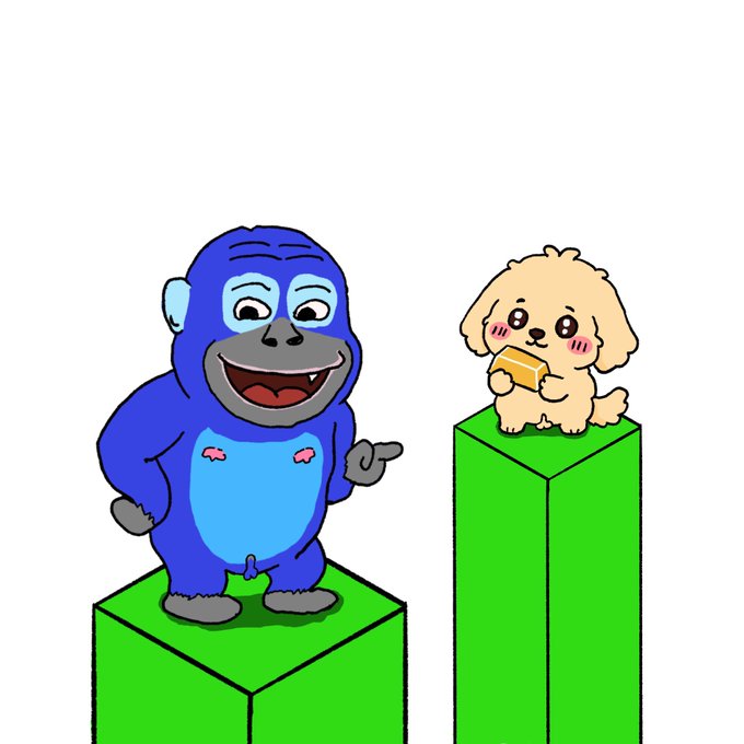 A cartoon blue gorilla standing on a green block points at a small fluffy dog holding a yellow object on a taller green block.