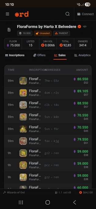 A mobile screenshot of the Ordinals marketplace showing FloraForms by Harto X Belvedere collection with 75,000 floor, 3,414 owners, and recent sales ranging from 38-552.