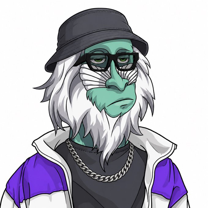 An illustration of a character with green skin, a white beard, black glasses, a black bucket hat, and a purple, white, and black jacket with a silver chain.