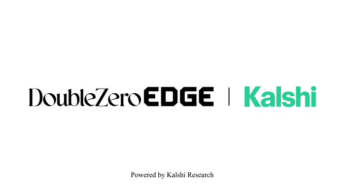 A white screen displays the logos 'DoubleZeroEDGE | Kalshi' in black and green text, with 'Powered by Kalshi Research' written below.