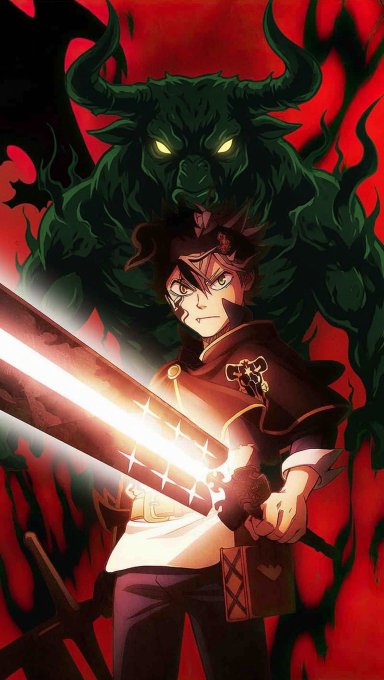 An anime-style illustration featuring a young warrior with brown hair wielding a glowing sword, with a large green horned demon looming behind against a red background.