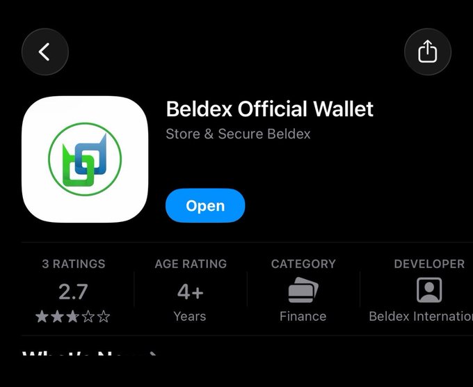 A screenshot of the App Store page for 'Beldex Official Wallet,' a Finance app with a 2.7 rating and 4+ age rating, developed by Beldex International.