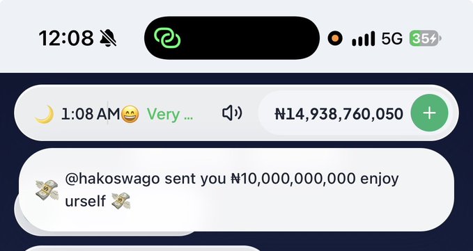 A phone notification shows a balance of ₦14,938,760,050 after receiving ₦10,000,000,000 from @hakoswago, with a message saying "enjoy urself," aligning with the caption's boast about being "Rich as fuck."