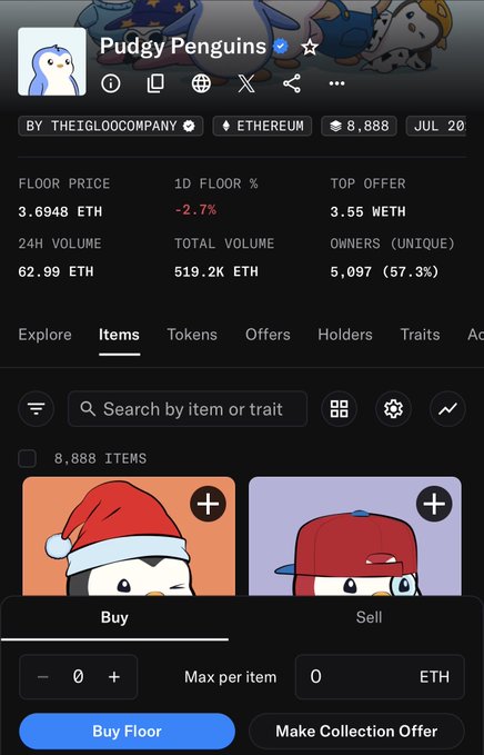 A mobile screenshot of the Pudgy Penguins NFT collection page on Ethereum, showing a floor price of 3.6948 ETH, 8,888 items, and Buy/Sell options.
