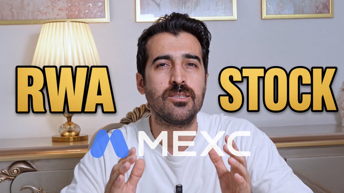 A man with a beard in a white shirt speaks to the camera, with large yellow text reading "RWA STOCK" and the "MEXC" logo overlaid.