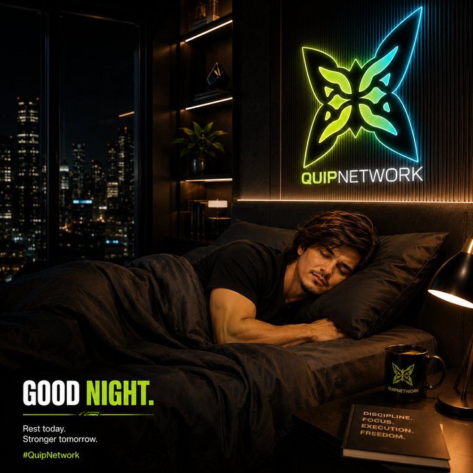 A promotional poster for 'QUIPNETWORK' showing a man sleeping in a dark bedroom with a city skyline visible through the window. Text reads 'GOOD NIGHT. Rest today. Stronger tomorrow. #QuipNetwork' and a nearby book lists 'DISCIPLINE. FOCUS. EXECUTION. FREEDOM.'