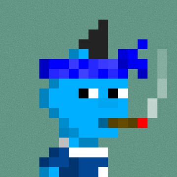 A pixel art image of a blue character with a blue bandana, holding a cigarette and a knife against a solid green background.