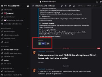 A Telegram channel showing 'OTA Rebased Q3ACh' announcements in German, with a highlighted ADO button in a red box, containing text about accepting rules ('Haken oben setzen und Richtlinien akzeptieren!').