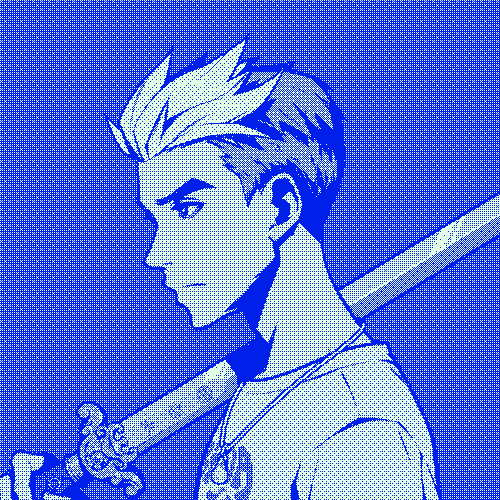 A blue-toned halftone illustration depicting a young man with spiky hair in profile view, carrying a sword over his shoulder.