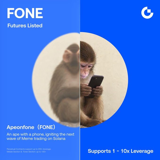 A promotional graphic for the new Gate Futures listing of Apeonfone ($FONE) features a monkey holding a smartphone in a circular frame against a blue background, with text highlighting its perpetual contracts supporting 1-10x leverage and its position as a meme token on Solana. The design visually reinforces the post's description of "$FONE" as "an ape with a phone, igniting the next wave of Meme trading on Solana."