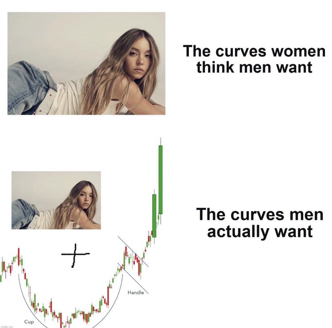 A humorous meme using the same photo of a woman twice, with text joking that women think men want certain curves, but 'the curves men actually want' is a bullish cup and handle stock chart pattern, plus additional chart imagery.