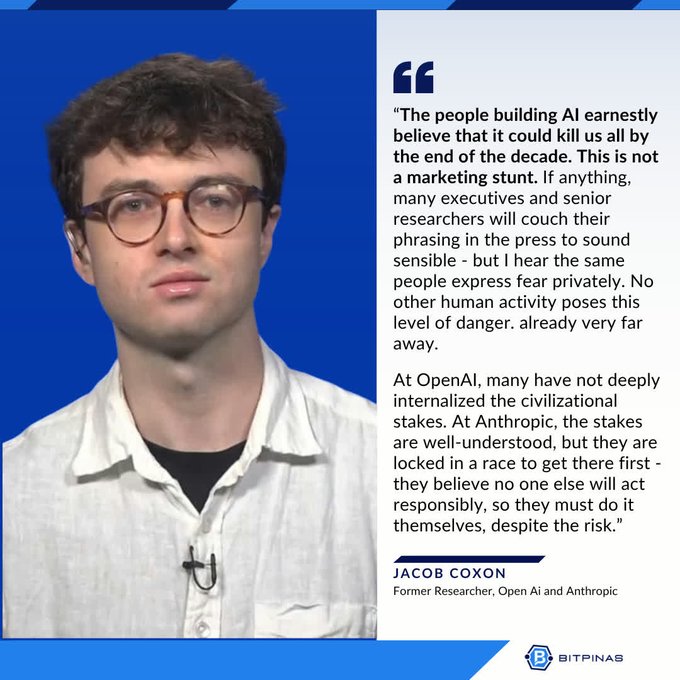 A graphic featuring a man in glasses alongside a quote by Jacob Coxon, Former Researcher at OpenAI and Anthropic, discussing AI existential risks, published by BitPinas.