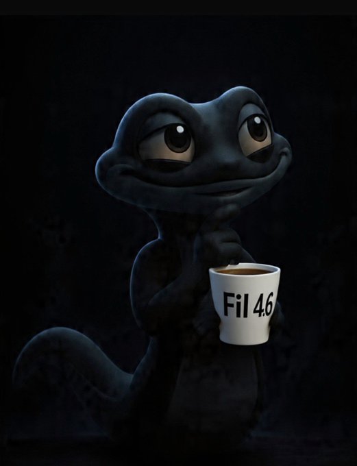 A 3D-rendered dark creature with large, expressive eyes holding a white mug that reads 'Fil 46' in a dimly lit setting.