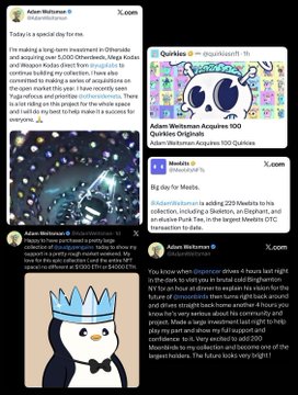 Twitter/X posts from Adam Wetmore (@adamcwetmore) and Quirkies (@quirkieseth) discussing an investment in Mega Kodos and Quirkies Original NFT collection, mentioning MegaLabs, minting, and a 100 Quirkies giveaway.