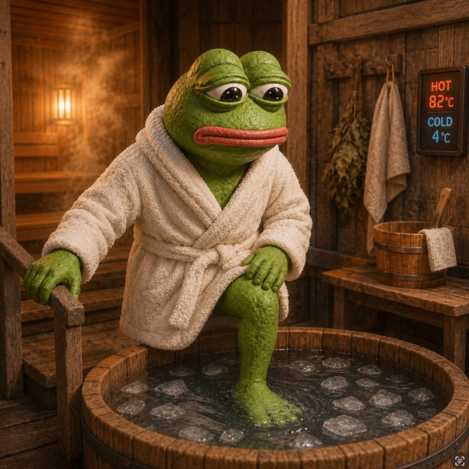A 3D-rendered image of the Pepe the Frog character wearing a white bathrobe and testing an ice bath with one foot in a wooden tub. A digital display reads 'HOT 82°C' and 'COLD 4°C'.