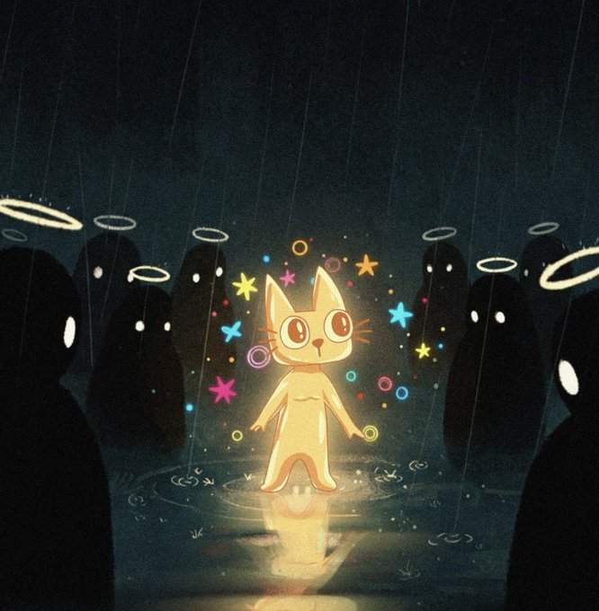 A digital illustration of a glowing yellow cartoon cat standing in a dark, rainy environment surrounded by shadowy figures with glowing eyes and halos, surrounded by colorful stars and bubbles.
