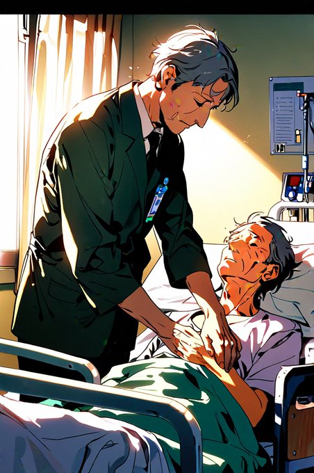 Anime-style illustration of an older man visiting another elderly man in a hospital bed.