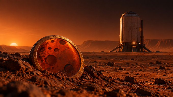 A glass-domed Mars habitat stands on the red, rocky Martian terrain at sunset, while a large reddish-orange coin emblazoned with crater-like patterns rests in the foreground — visually tying the image's sci-fi Mars setting to the "$MarsCoin" cryptocurrency mentioned in the caption, suggesting the inevitable colonization and economy of the red planet.