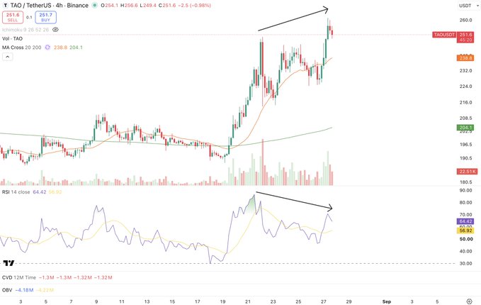 A 4-hour Binance chart of TAO/USDT showing a strong uptrend from ~$195 to $251.6, with both price and RSI displaying bearish divergence (price making higher highs while RSI makes lower highs), foreshadowing the post's hint that the bullish run may be losing steam.