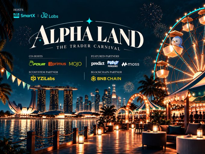 Event promotional graphic titled 'ALPHA LAND: THE TRADER CARNIVAL' hosted by SmartX and JP Labs, featuring partners including FOUR, primus, MOJO, predict, PUGGY, moss, YZiLabs (ecosystem partner), and BNB CHAIN (blockchain partner), set against a Singapore skyline with a Ferris wheel and fireworks.