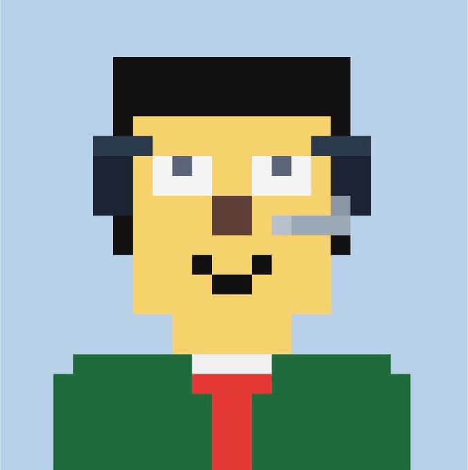 A pixel art portrait depicts a yellow-skinned figure with black hair, wearing a headset with a microphone, a green suit jacket, and a red tie. The caption's reference to an NFT valued at $11K highlights the ironic and often absurd nature of the NFT market, where simple pixel art can fetch surprisingly high prices.