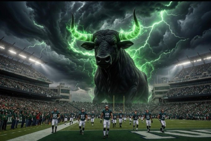 A massive bull with glowing green eyes towers over a football stadium filled with players in dark jerseys running onto the field, set against a stormy sky lit by green lightning.