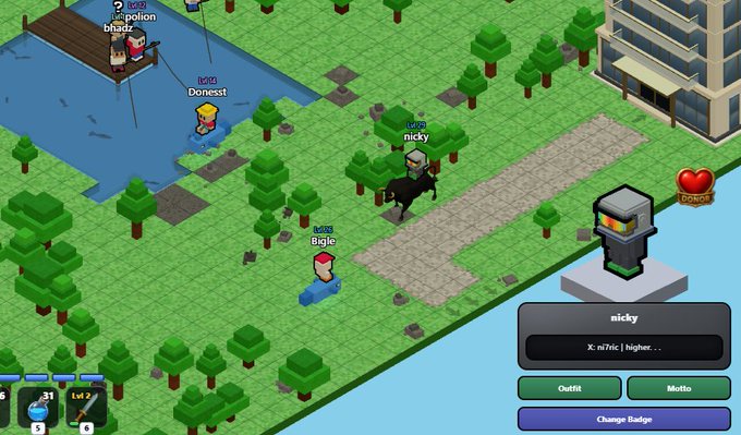A screenshot of an isometric pixel-art multiplayer game showing characters like "nicky" (riding a horse), "Bigie", "Doneast", and "potton bludr" in a grassy area near water, with a badge customization menu visible on the right.