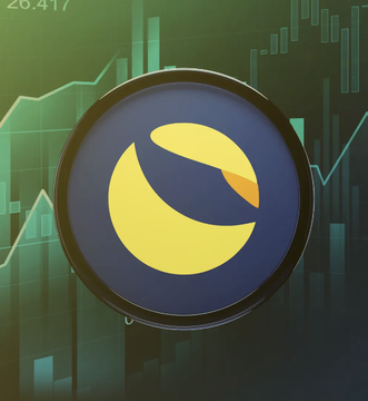 The image features a logo for a coin named "LUNC" with a blue circle containing a yellow and orange design within it, set against a dark green background. Surrounding the logo are bars representing stock charts showing trends in price movements over time (green lines), indicating market fluctuations and growth or decline in value of the cryptocurrency being tracked. The post focuses on this particular coin's performance by emphasizing its upward trend in value, with a total market cap of $510 million.