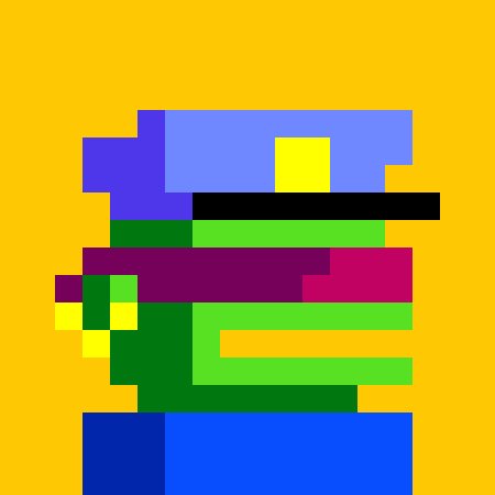 A pixel art image on a bright yellow background showing a colorful abstract figure composed of blue, green, purple, pink, black, and orange rectangular blocks.