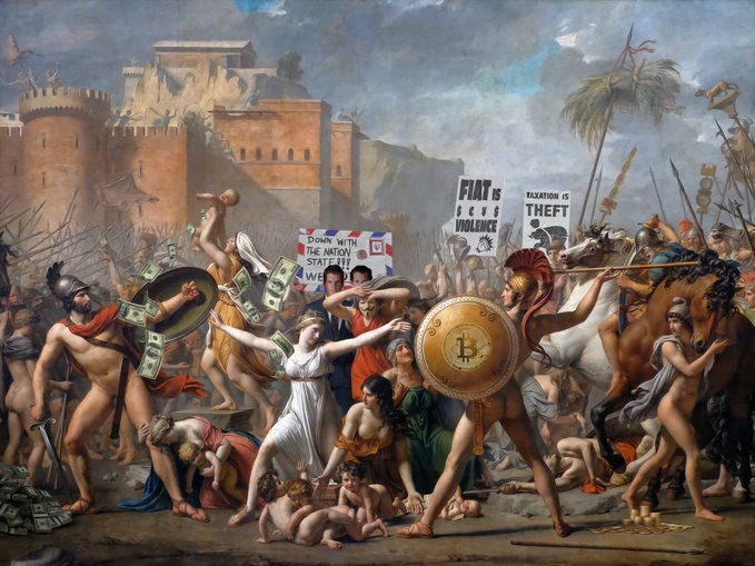 A classical painting depicting a chaotic battle scene, modified to include crypto-themed elements like a Bitcoin shield and protest signs reading 'FIAT IS SOLD VIOLENCE' and 'TAXATION IS THEFT'.