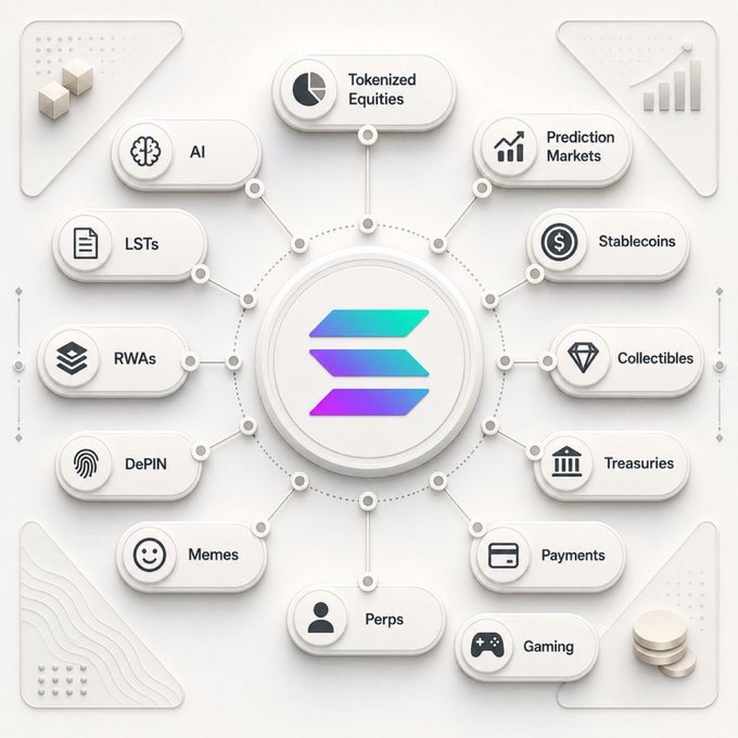 The image shows a white circle with a purple and green logo, surrounded by various icons representing different aspects of cryptocurrency trading or investing. These icons include symbols for RAVS, DEPEN, and other cryptocurrency-related services. The text "Solana beats em’ all" is also present in the image.