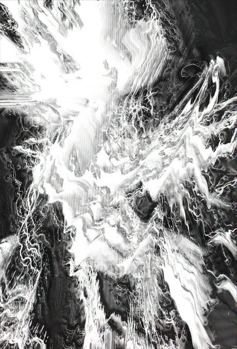 A black and white abstract image with swirling, marbled textures creating an ethereal, chaotic pattern of light and dark streaks.