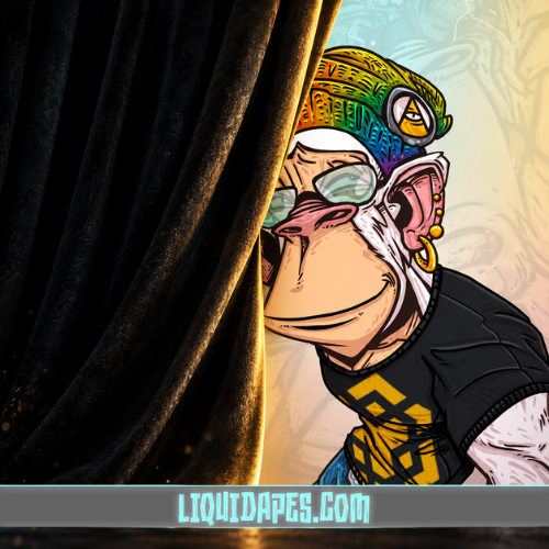 A cartoon ape wearing sunglasses, a gold hoop earring, and a colorful beanie peeks from behind a black curtain with a mischievous grin, with the text "LIQUIDAPES.COM" displayed at the bottom. The image teases the upcoming mint of the Liquid Apes NFT collection, playing on the "WEN APES" hype mentioned in the post while encouraging viewers to secure a whitelist spot before the queue gets crowded.