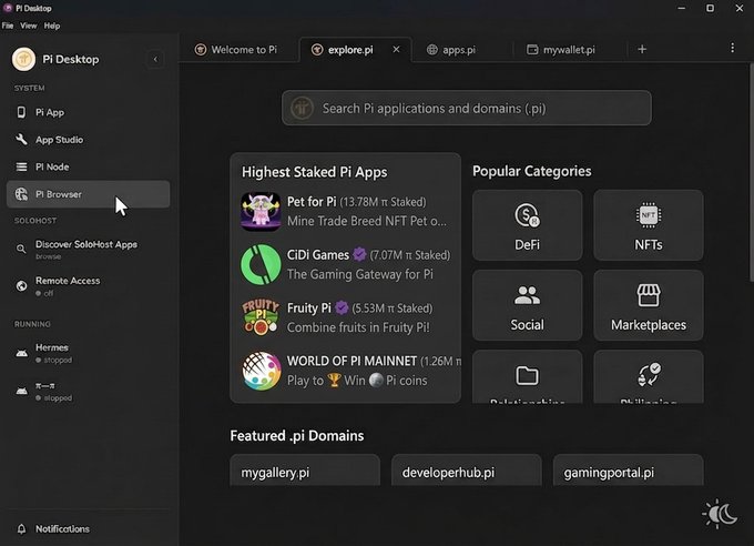 A screenshot of the Pi Desktop application showing the Pi Browser interface with featured apps including 'Pet for Pi', 'PiDi Games', 'Fruity Pi', and 'WORLD OF PI MAINNET', along with categories like DeFi and NFTs.