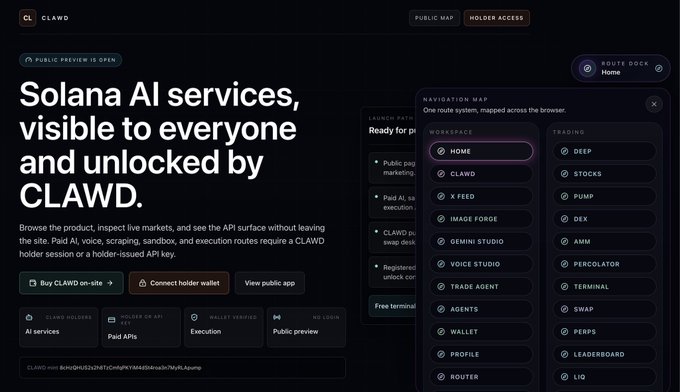 A dark-themed webpage for CLAWD advertising 'Solana AI services, visible to everyone and unlocked by CLAWD', featuring a navigation map with options like HOME, CLAWD, X FEED, IMAGE FORGE, and TRADING categories including DEEP, STOCKS, and PUMP.