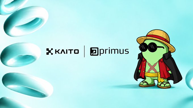 A promotional graphic features the logos of "KAITO" and "primus" next to a cartoon character resembling Luffy from One Piece wearing sunglasses, a straw hat, and a red coat, set against a light blue background with floating torus shapes.