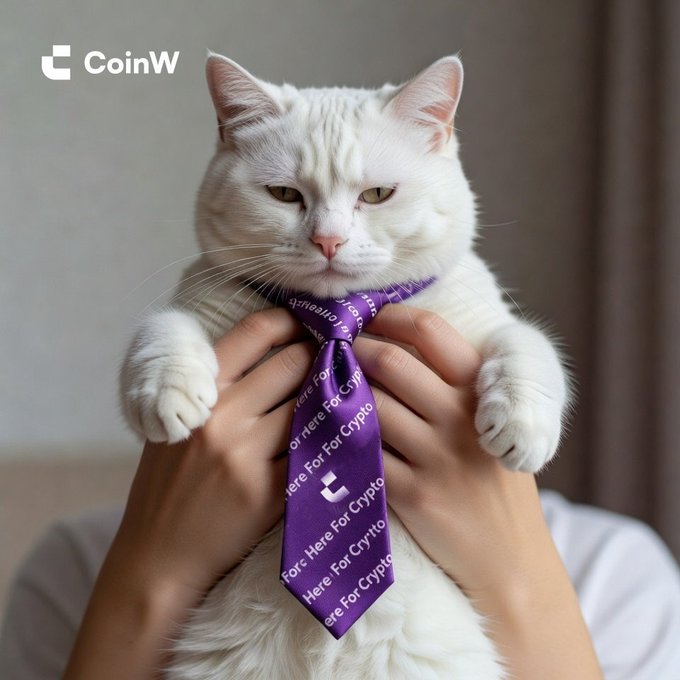 A white cat is being held by hands that are also tying a purple tie around its neck, with the tie and a CoinW logo watermark reading "CoinW" and "Here For Crypto" repeatedly.